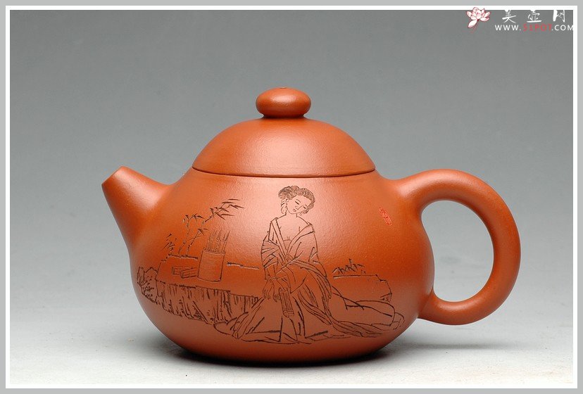 紫砂壶图片：有美共赏 琴韵书声 全手拙.意文旦 张听钢老师精品仕女 - 宜兴紫砂壶网