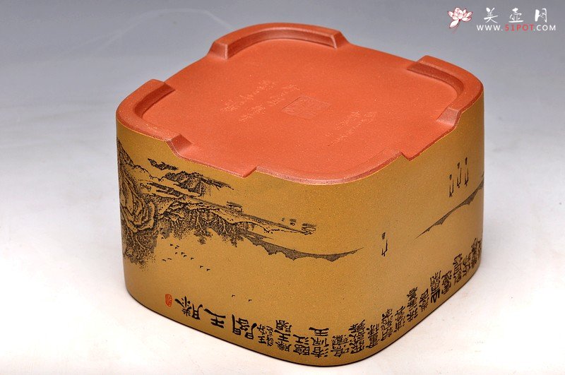 紫砂壶图片：清雅 古色山水 通景 精品四方水洗 - 宜兴紫砂壶网