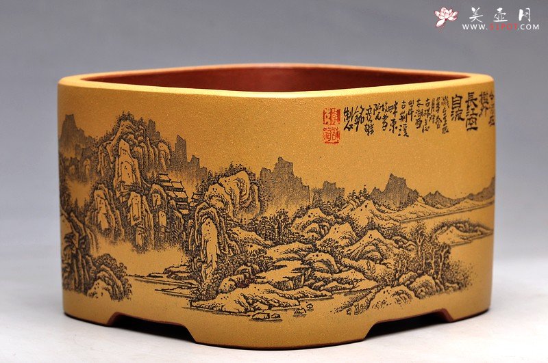 紫砂壶图片：清雅 古色山水 通景 精品四方水洗 - 宜兴紫砂壶网