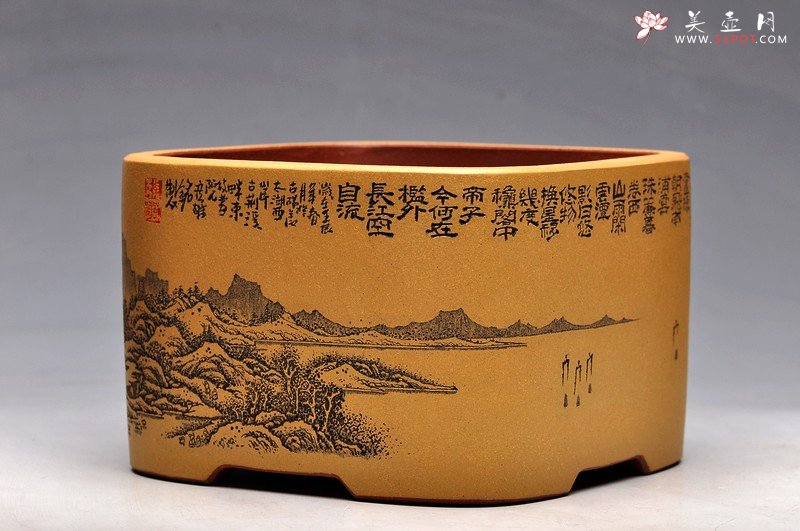 紫砂壶图片：清雅 古色山水 通景 精品四方水洗 - 宜兴紫砂壶网