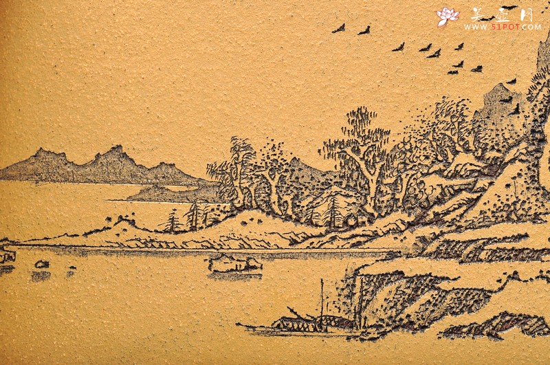 紫砂壶图片：清雅 古色山水 通景 精品四方水洗 - 宜兴紫砂壶网