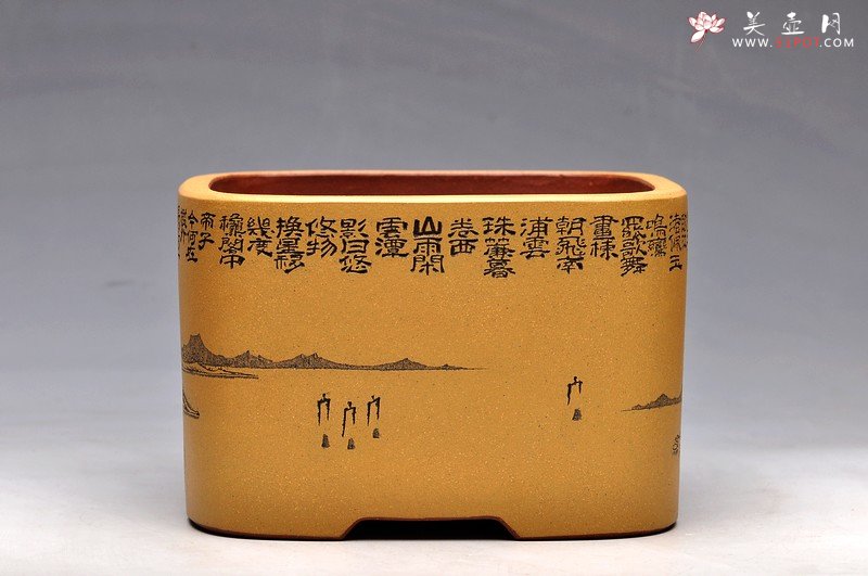 紫砂壶图片：清雅 古色山水 通景 精品四方水洗 - 宜兴紫砂壶网