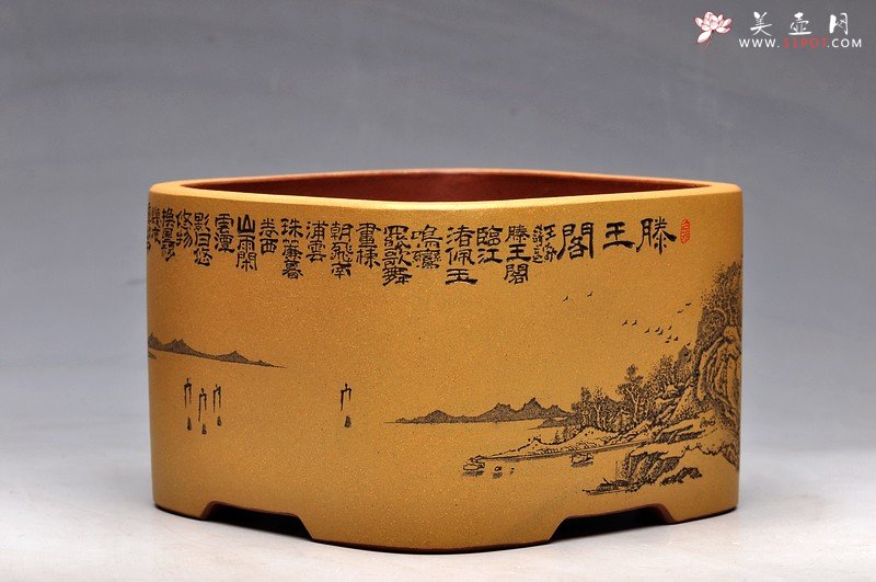 紫砂壶图片：清雅 古色山水 通景 精品四方水洗 - 宜兴紫砂壶网