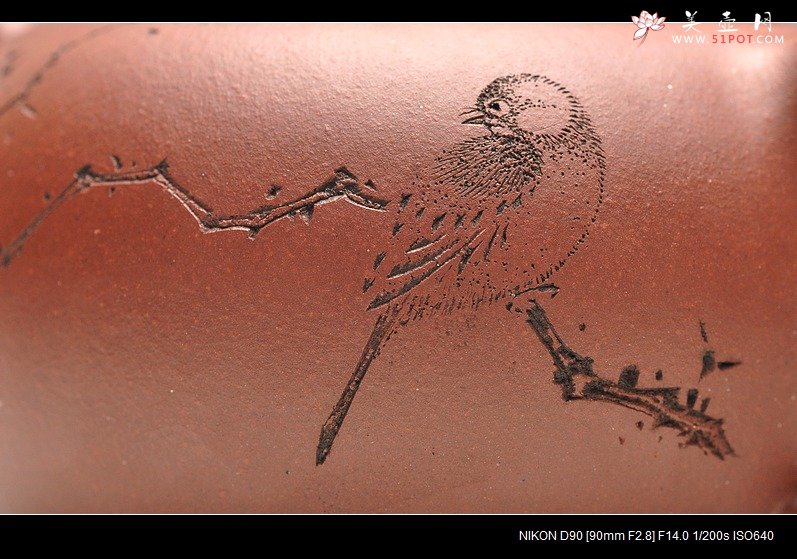 紫砂壶图片：炮管直流 枯枝鸟 古韵耐品 全手贡珠 - 宜兴紫砂壶网