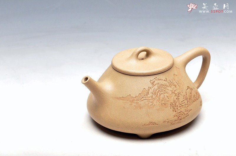 紫砂壶图片：本绿 高山流水觅知音 全手子冶石瓢 - 宜兴紫砂壶网