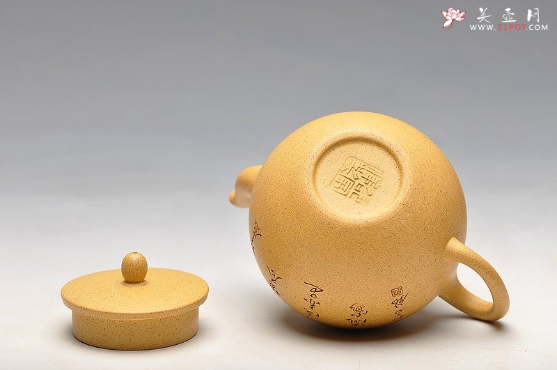 紫砂壶图片：线条流畅 挺拔优雅 全手迎春 国助和石装饰 - 宜兴紫砂壶网