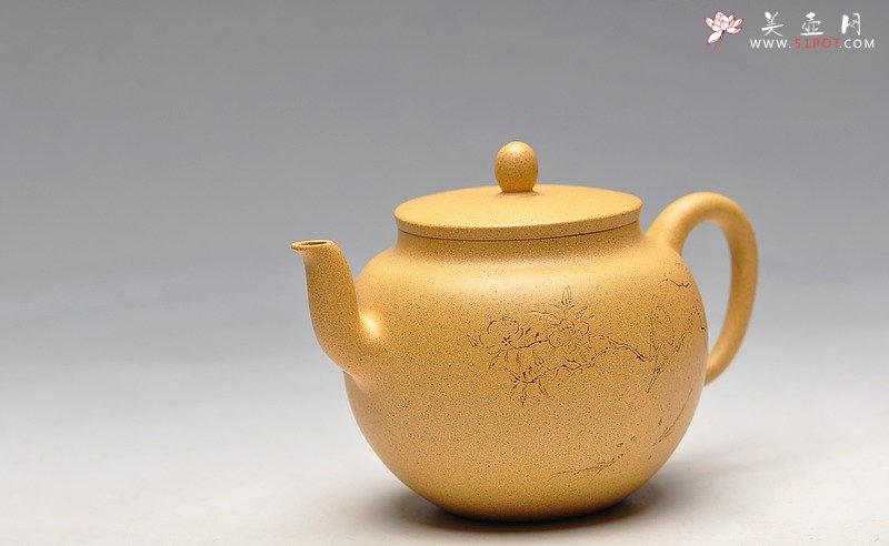 紫砂壶图片：线条流畅 挺拔优雅 全手迎春 国助和石装饰 - 宜兴紫砂壶网