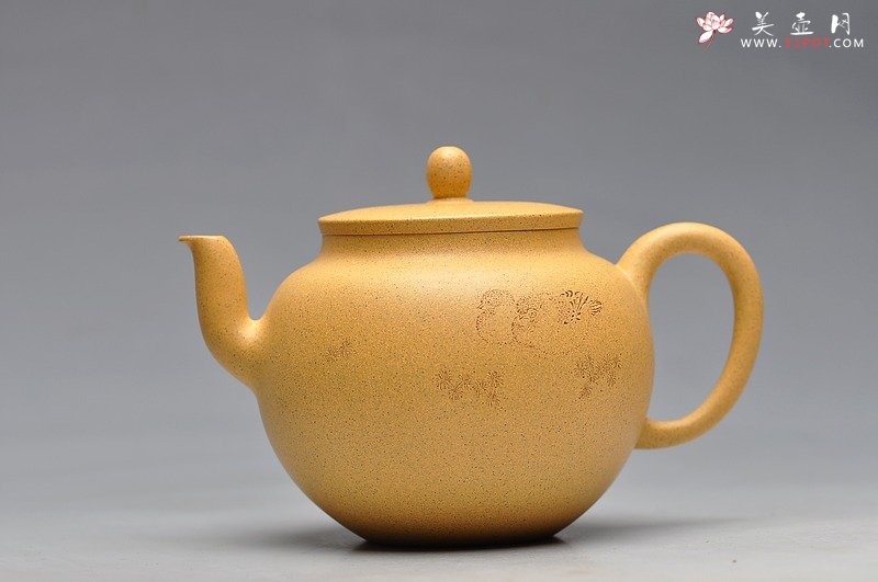 紫砂壶图片：线条流畅 挺拔优雅 全手迎春 墨陶装饰王翔鸟 - 宜兴紫砂壶网