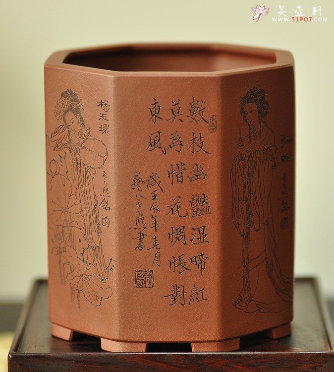 紫砂壶图片：张云熙之精品八方笔筒 四大美女 已收藏，只供欣赏 - 宜兴紫砂壶网