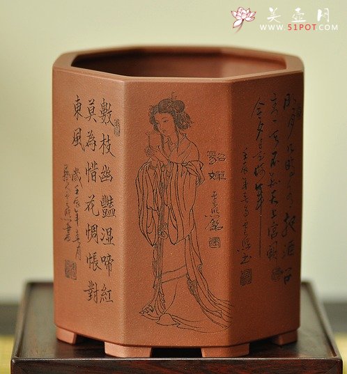 紫砂壶图片：张云熙之精品八方笔筒 四大美女 已收藏，只供欣赏 - 宜兴紫砂壶网