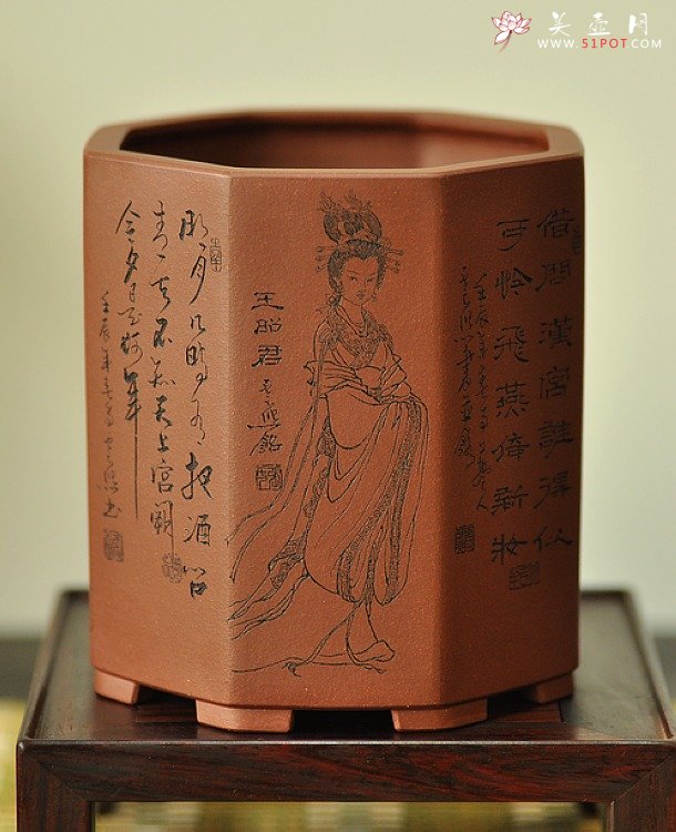 紫砂壶图片：张云熙之精品八方笔筒 四大美女 已收藏，只供欣赏 - 宜兴紫砂壶网