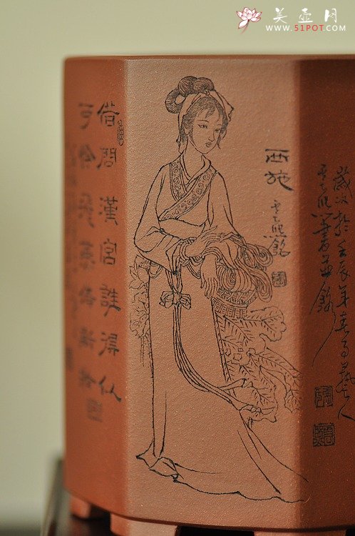 紫砂壶图片：张云熙之精品八方笔筒 四大美女 已收藏，只供欣赏 - 宜兴紫砂壶网