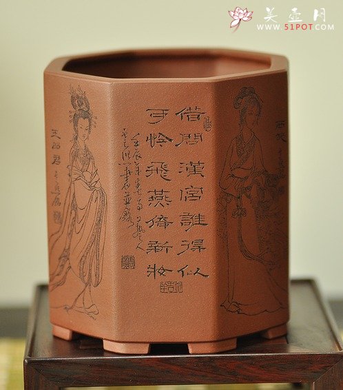 紫砂壶图片：张云熙之精品八方笔筒 四大美女 已收藏，只供欣赏 - 宜兴紫砂壶网