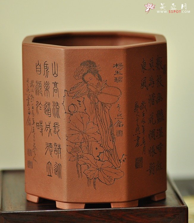 紫砂壶图片：张云熙之精品八方笔筒 四大美女 已收藏，只供欣赏 - 宜兴紫砂壶网