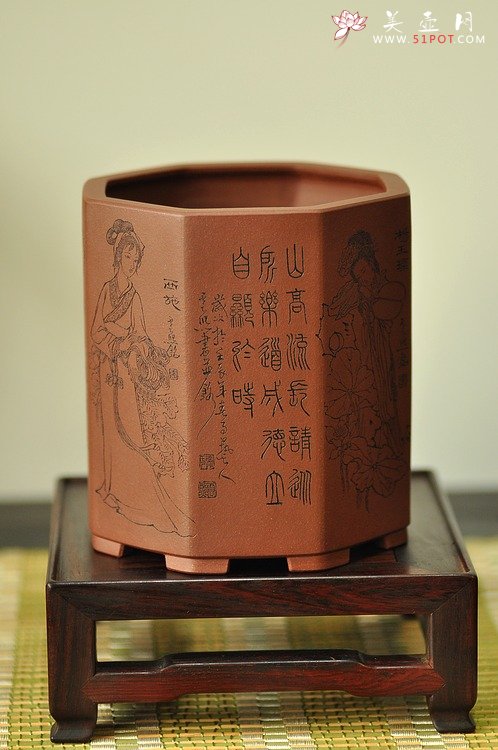 紫砂壶图片：张云熙之精品八方笔筒 四大美女 已收藏，只供欣赏 - 宜兴紫砂壶网