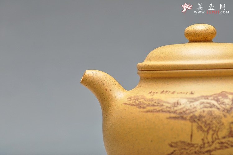 紫砂壶图片：古朴经典 儒雅得体 通景山水 莲子 - 宜兴紫砂壶网