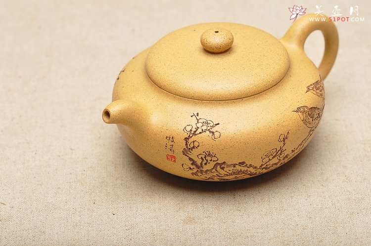 紫砂壶图片：淡雅得趣 文气小鸟 鼓韵 - 宜兴紫砂壶网