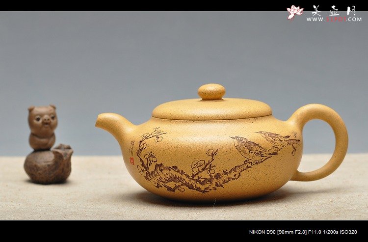 紫砂壶图片：淡雅得趣 文气小鸟 鼓韵 - 宜兴紫砂壶网