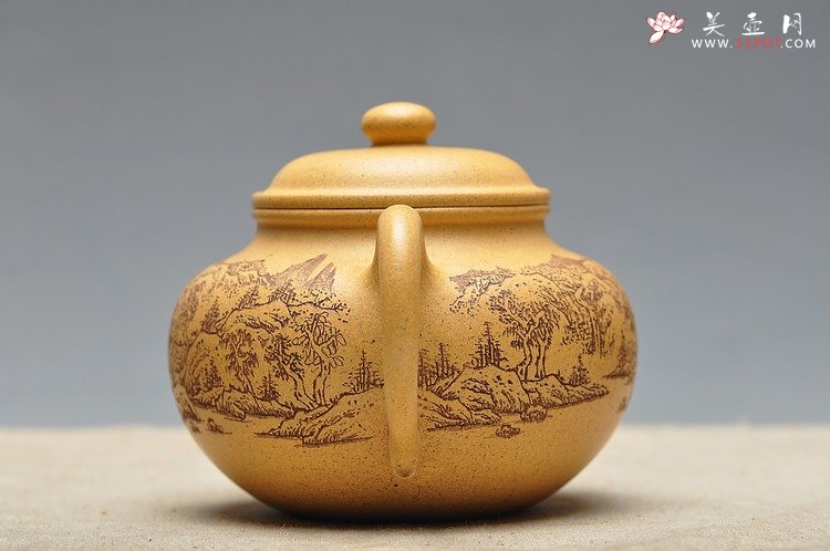 紫砂壶图片：古朴经典 儒雅得体 通景山水 莲子 - 宜兴紫砂壶网