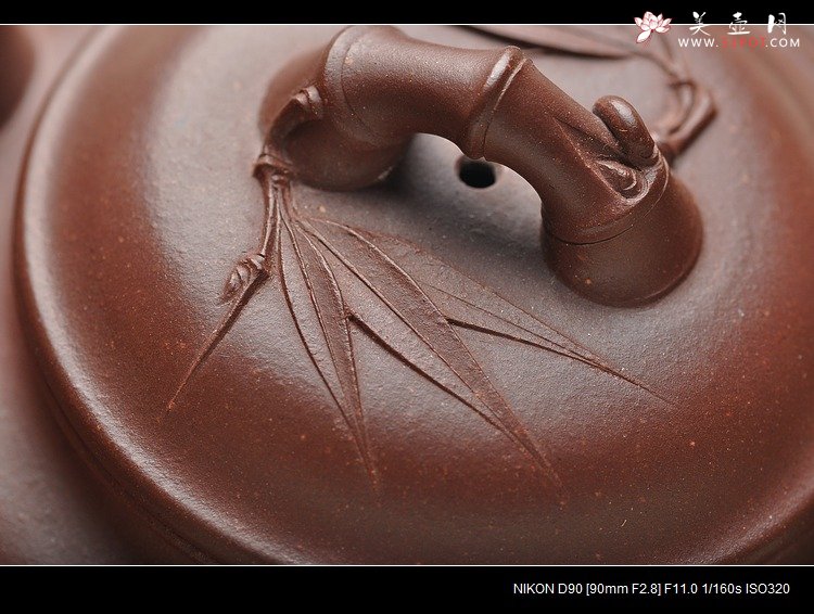 紫砂壶图片：羊脂紫泥 精神 贴叶细腻挺拔 双线竹鼓 - 宜兴紫砂壶网