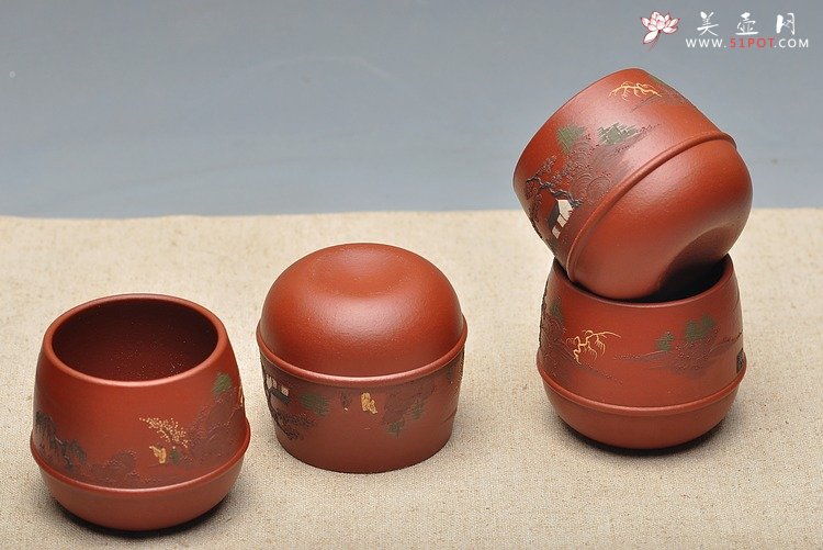 紫砂壶图片：品茗杯套组  泥绘精品 朱泥 - 宜兴紫砂壶网
