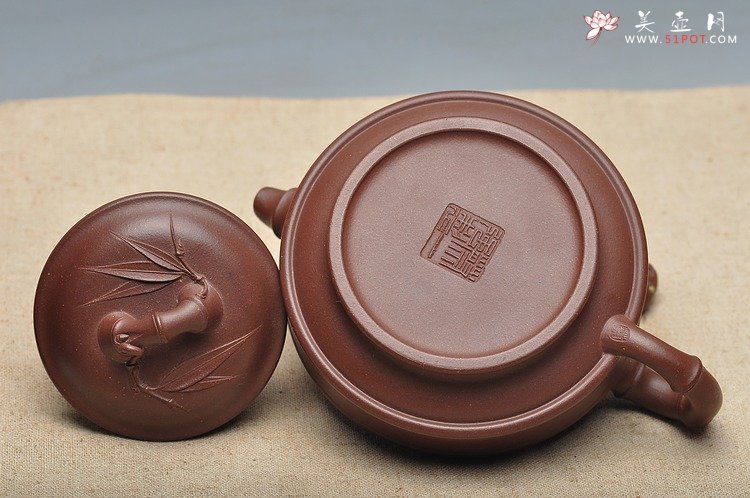 紫砂壶图片：羊脂紫泥 精神 贴叶细腻挺拔 双线竹鼓 - 宜兴紫砂壶网