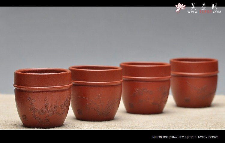 紫砂壶图片：品茗杯套组  泥绘精品 朱泥 - 宜兴紫砂壶网