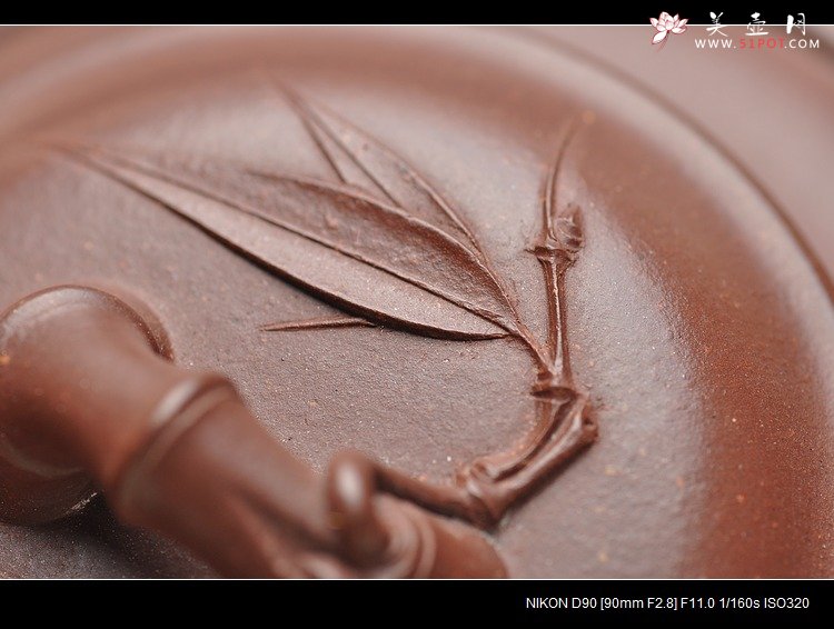 紫砂壶图片：羊脂紫泥 精神 贴叶细腻挺拔 双线竹鼓 - 宜兴紫砂壶网