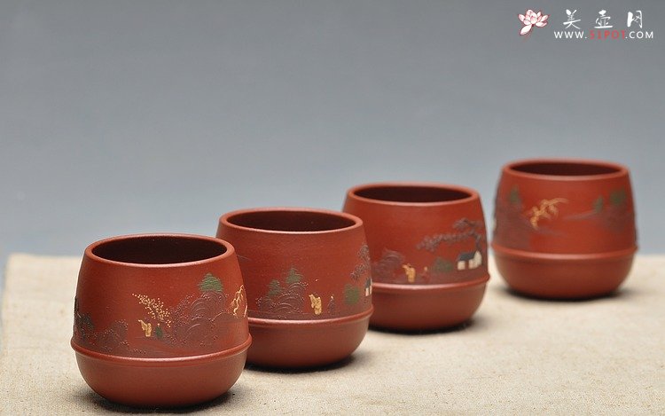 紫砂壶图片：品茗杯套组  泥绘精品 朱泥 - 宜兴紫砂壶网