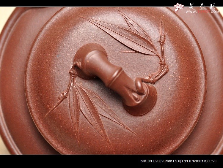 紫砂壶图片：羊脂紫泥 精神 贴叶细腻挺拔 双线竹鼓 - 宜兴紫砂壶网