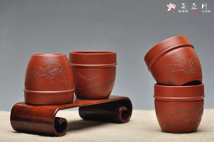紫砂壶图片：品茗杯套组  泥绘精品 朱泥 - 宜兴紫砂壶网