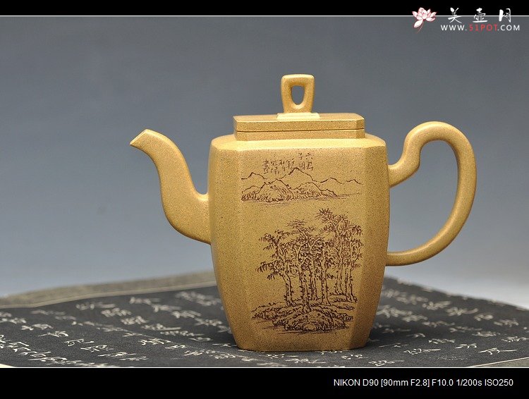 紫砂壶图片：全手镶片 高八方 老味十足 刻绘老辣 - 宜兴紫砂壶网