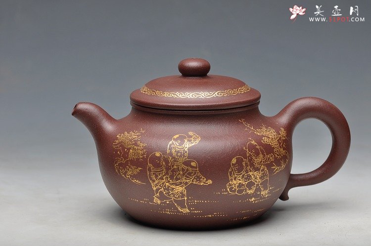 紫砂壶图片：描金装饰 饱满大气  全手大莲子 大品适合茶会 - 宜兴紫砂壶网