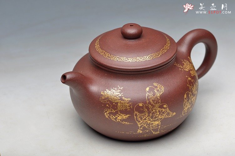 紫砂壶图片：描金装饰 饱满大气  全手大莲子 大品适合茶会 - 宜兴紫砂壶网