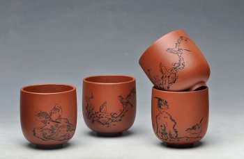 紫砂壶图片：八大风格之 高温小红泥圆亭杯 降坡泥斗笠杯 - 宜兴紫砂壶网