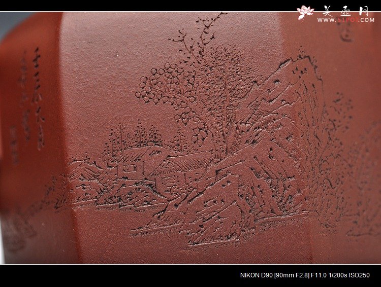 紫砂壶图片：稳如磐石 六方通景山水 何卫枫新品近作  全手乐钟 - 宜兴紫砂壶网