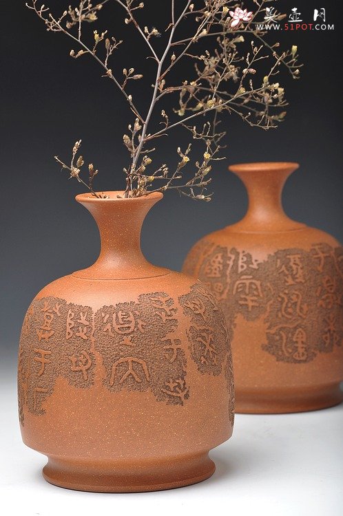 紫砂壶图片：文雅之器 散氏盘铭文 花樽一对 精心力作 - 宜兴紫砂壶网