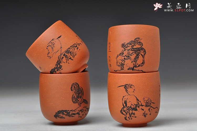 紫砂壶图片：八大风格之 高温小红泥圆亭杯8个 - 宜兴紫砂壶网