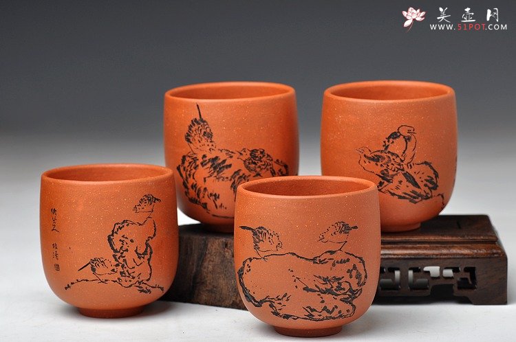 紫砂壶图片：八大风格之 高温小红泥圆亭杯8个 - 宜兴紫砂壶网