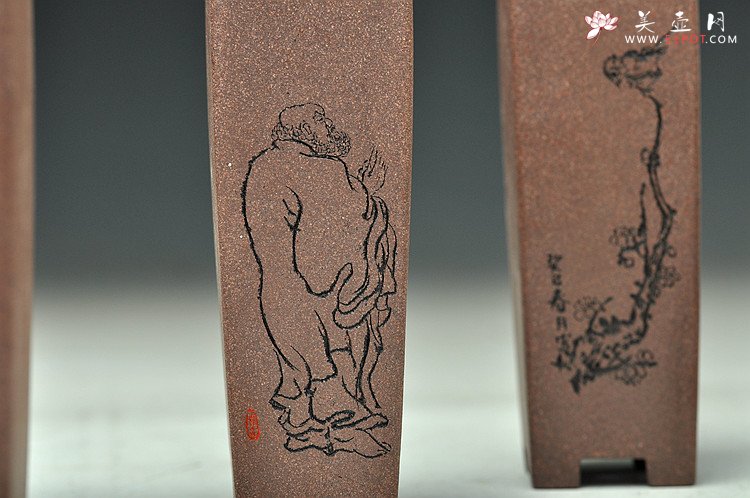 紫砂壶图片：精致小四方签筒 全手制作 刻绘漂亮 - 宜兴紫砂壶网
