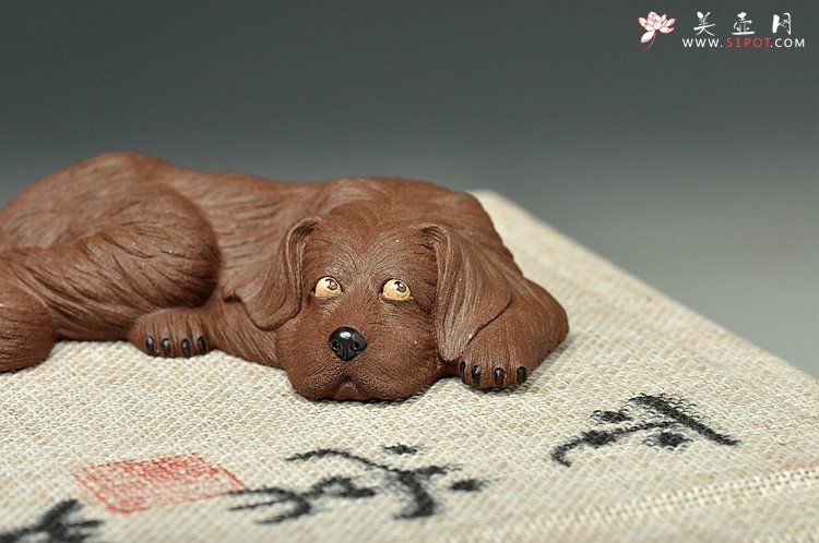 紫砂壶图片：精致版拉毛小狗 紫泥青灰泥一对 茶盘守护者o(∩_∩)o  - 宜兴紫砂壶网