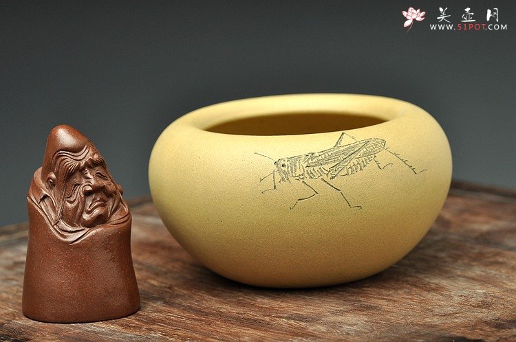 紫砂壶图片：天水牛 知了 蟋蟀 生动形象 文玩杂项 手工精品薄胎一捺底笔洗 - 宜兴紫砂壶网