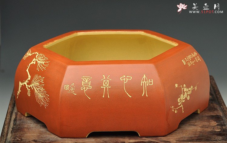 紫砂壶图片：岁寒三友之六方水洗 陆轶舟精品代表作 刀法精炼 粉浆效果更漂亮 - 宜兴紫砂壶网