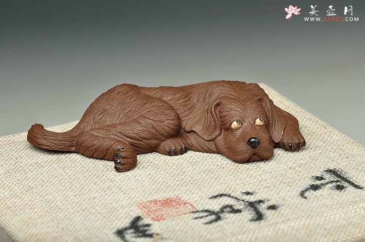 紫砂壶图片：精致版拉毛小狗 紫泥青灰泥一对 茶盘守护者o(∩_∩)o  - 宜兴紫砂壶网