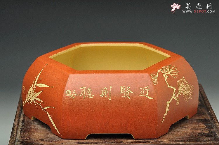 紫砂壶图片：岁寒三友之六方水洗 陆轶舟精品代表作 刀法精炼 粉浆效果更漂亮 - 宜兴紫砂壶网