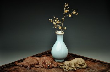 紫砂壶图片：精致版拉毛小狗 紫泥青灰泥一对 茶盘守护者o(∩_∩)o  - 宜兴紫砂壶网