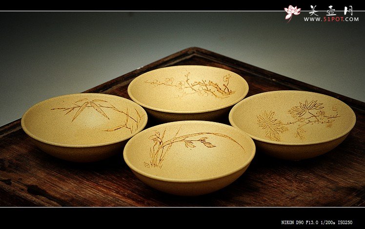 紫砂壶图片：一套梅兰竹菊 茶室之美 乳香杯 - 宜兴紫砂壶网