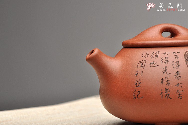 紫砂壶图片：啄砂装饰 古色古香 优质红皮龙 舍瓢 敦厚拙朴 - 宜兴紫砂壶网