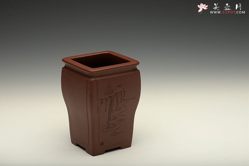 紫砂壶图片：张秋平全手制花盆 陆逸舟精心装饰 四方开光花盆 - 宜兴紫砂壶网