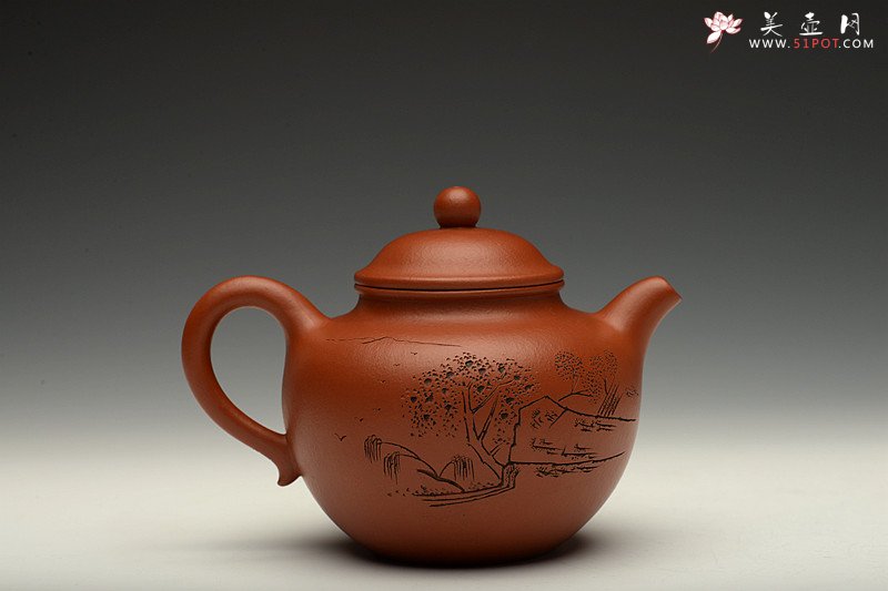 紫砂壶图片：俊秀飘逸 线条优美 摹古朱泥秋水 刀法精炼 - 宜兴紫砂壶网